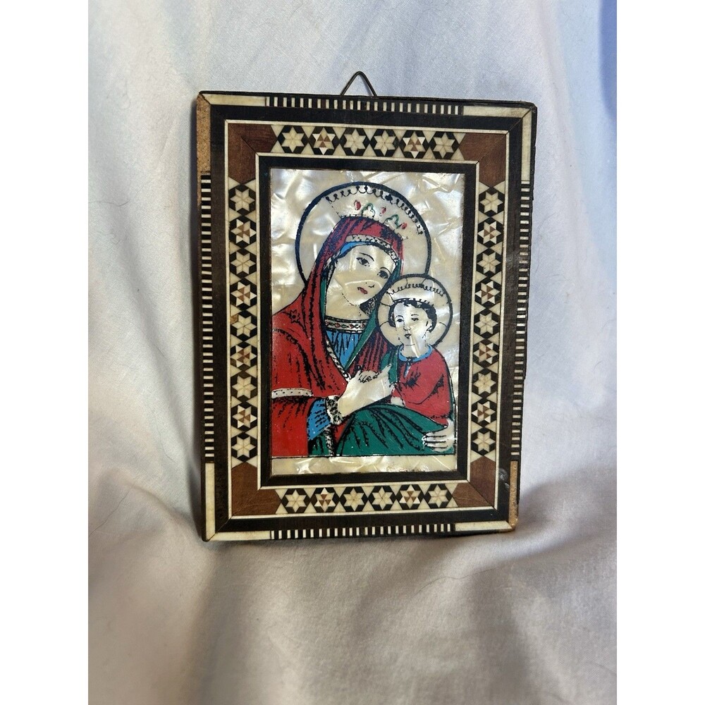 Classic Madonna & Child Wood Mother Of Pearl Inlay Mother, Jesus Hanging Art